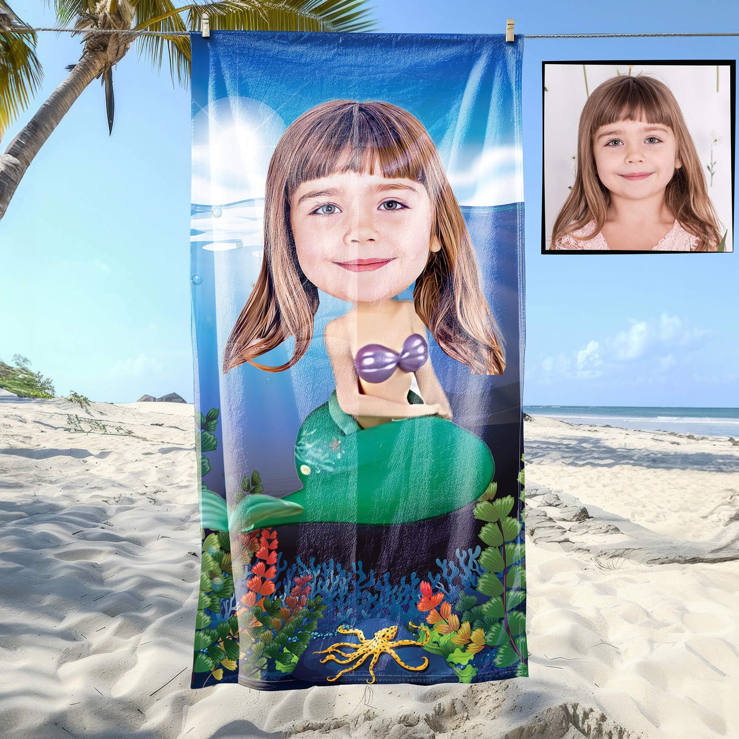 Kişiye Özel Karikatür Fotoğraflı Deniz Kızı Temalı Plaj ve Banyo Havlusu 115704