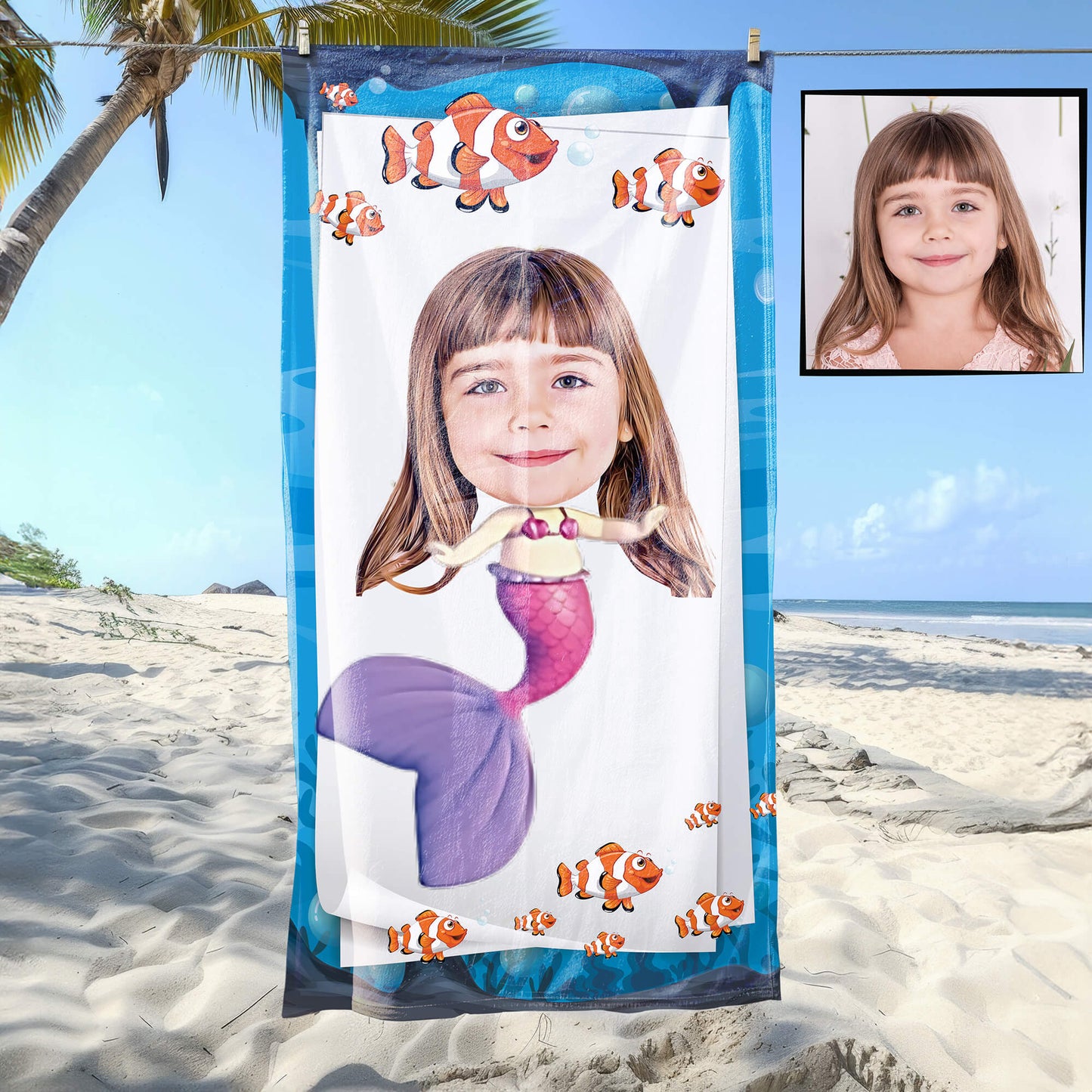 Kişiye Özel Karikatür Fotoğraflı Deniz Kızı Temalı Plaj ve Banyo Havlusu 115705