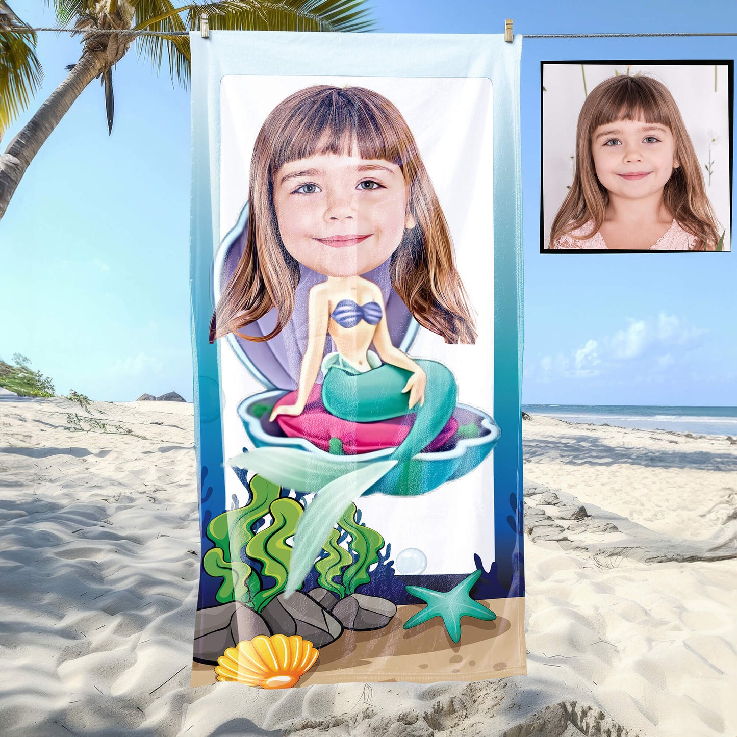 Kişiye Özel Karikatür Fotoğraflı Deniz Kızı Temalı Plaj ve Banyo Havlusu 115708