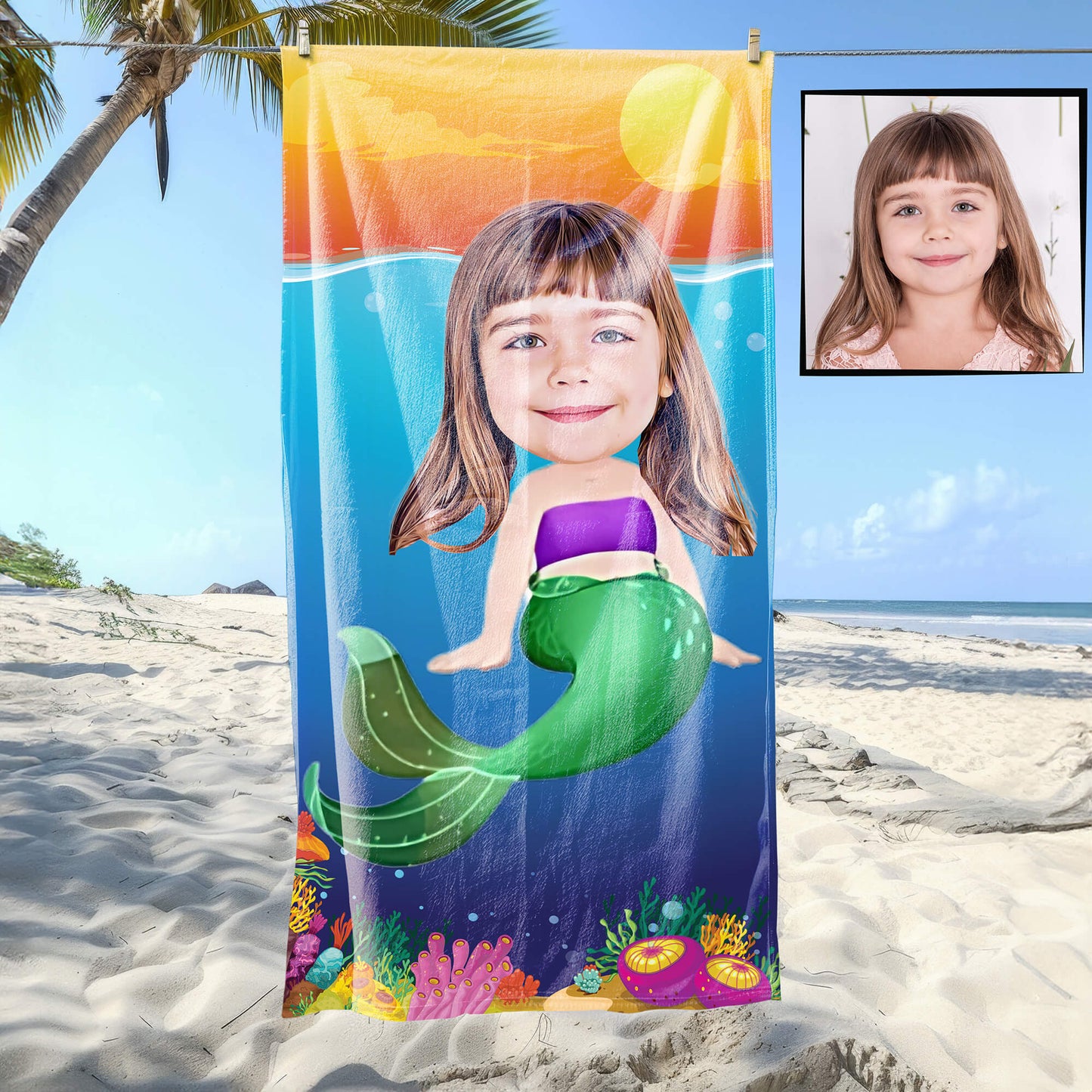 Kişiye Özel Karikatür Fotoğraflı Deniz Kızı Temalı Plaj ve Banyo Havlusu 115713