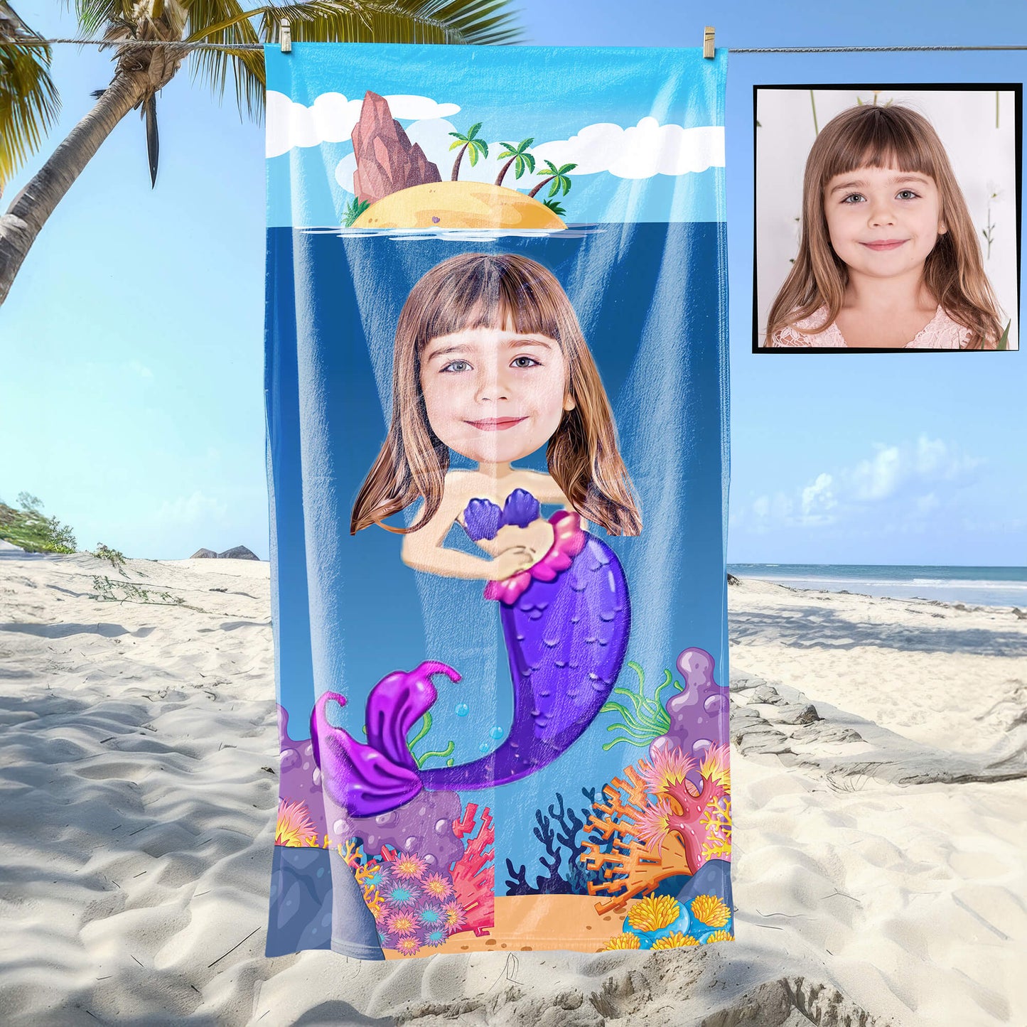 Kişiye Özel Karikatür Fotoğraflı Deniz Kızı Temalı Plaj ve Banyo Havlusu 115714