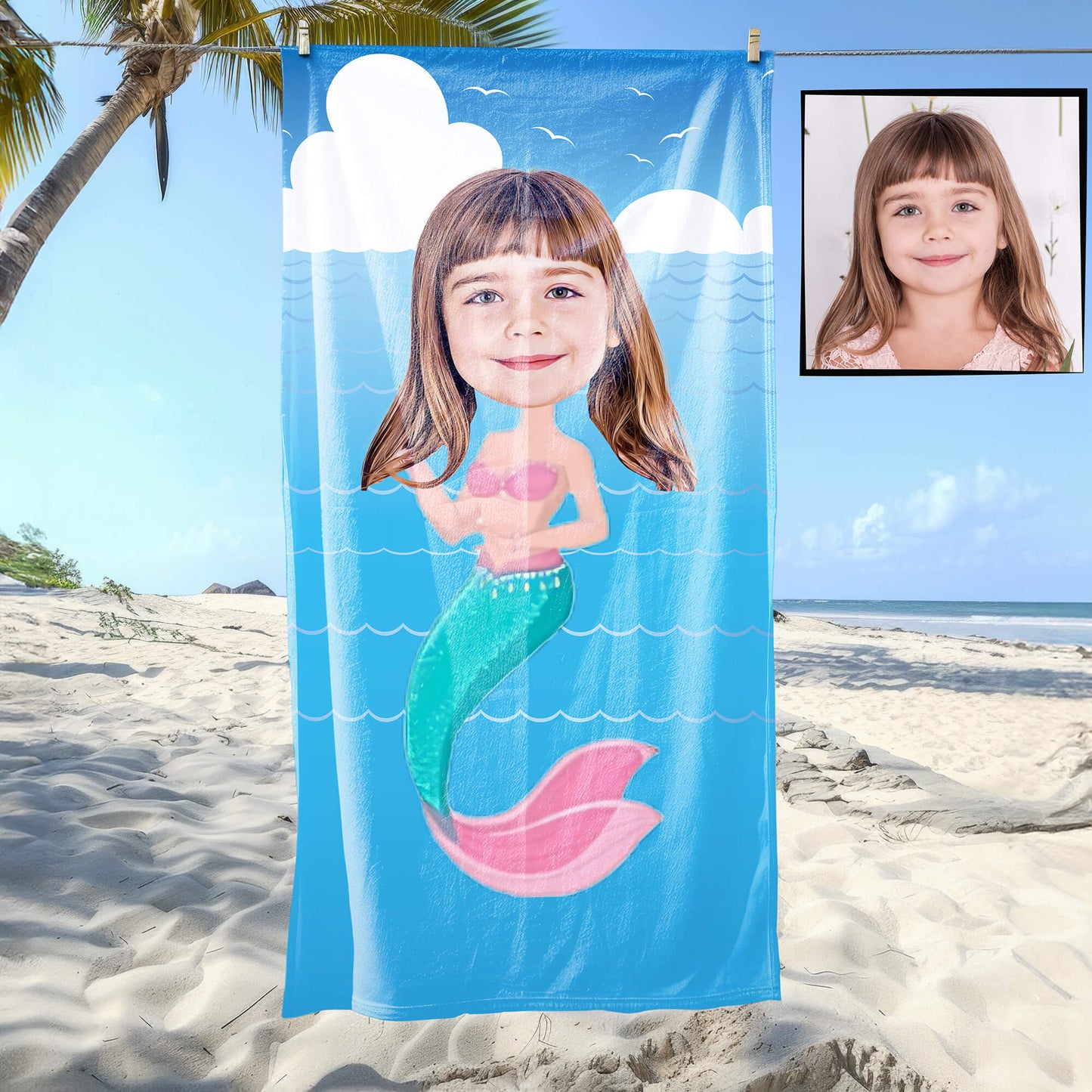 Kişiye Özel Karikatür Fotoğraflı Deniz Kızı Temalı Plaj ve Banyo Havlusu 115717