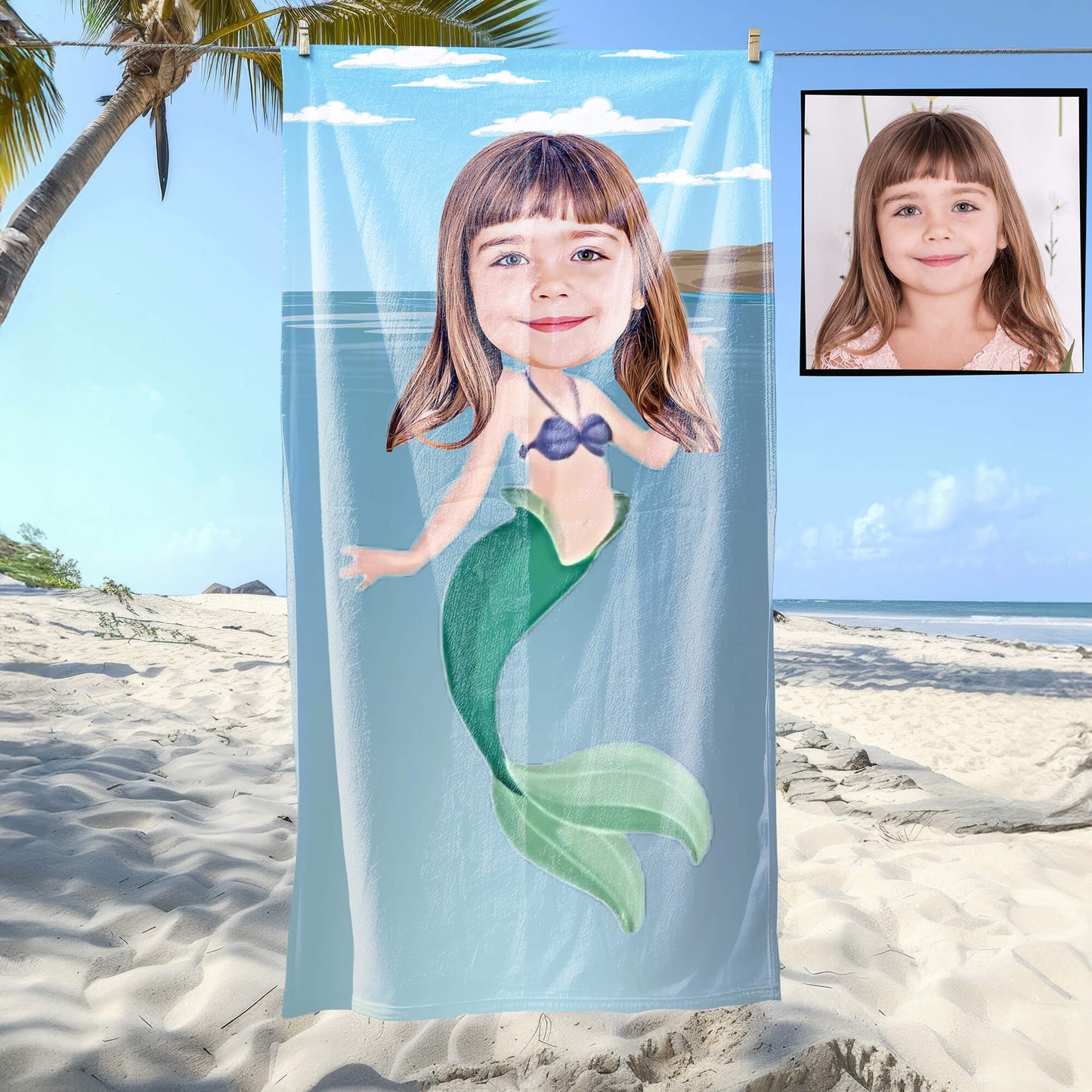 Kişiye Özel Karikatür Fotoğraflı Deniz Kızı Temalı Plaj ve Banyo Havlusu 115719