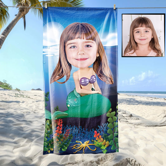 Kişiye Özel Karikatür Fotoğraflı Deniz Kızı Temalı Plaj ve Banyo Havlusu 115704