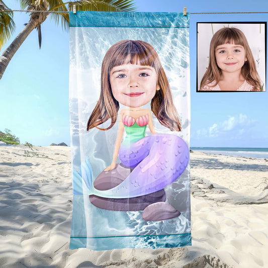 Kişiye Özel Karikatür Fotoğraflı Deniz Kızı Temalı Plaj ve Banyo Havlusu 115706