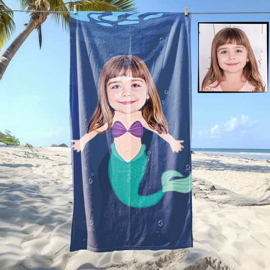 Kişiye Özel Karikatür Fotoğraflı Deniz Kızı Temalı Plaj ve Banyo Havlusu 115707