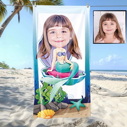 Kişiye Özel Karikatür Fotoğraflı Deniz Kızı Temalı Plaj ve Banyo Havlusu 115708