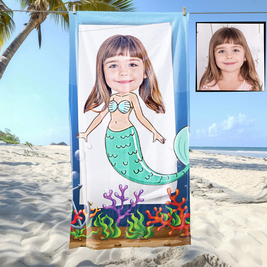 Kişiye Özel Karikatür Fotoğraflı Deniz Kızı Temalı Plaj ve Banyo Havlusu 115710