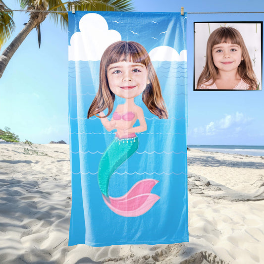 Kişiye Özel Karikatür Fotoğraflı Deniz Kızı Temalı Plaj ve Banyo Havlusu 115717