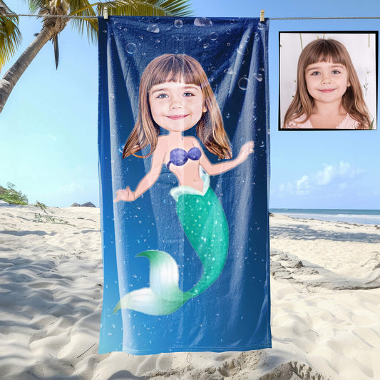 Kişiye Özel Karikatür Fotoğraflı Deniz Kızı Temalı Plaj ve Banyo Havlusu 115718