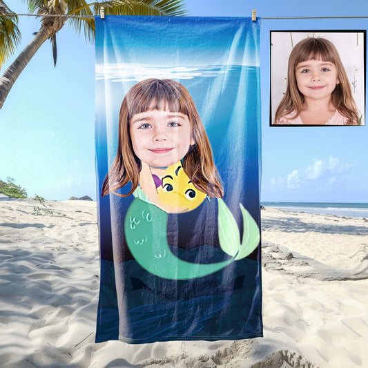 Kişiye Özel Karikatür Fotoğraflı Deniz Kızı Temalı Plaj ve Banyo Havlusu 115720