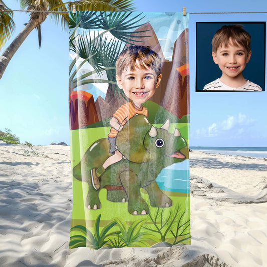 Kişiye Özel Karikatür Fotoğraflı Dinozor Temalı Plaj ve Banyo Havlusu 115724